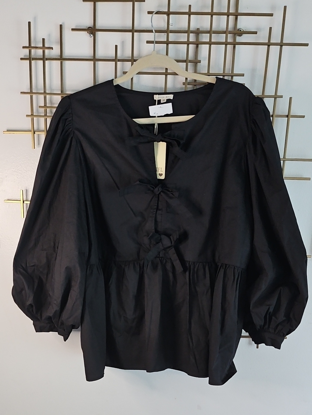 JODIFL Black Puff Sleeve Tie Front Blouse